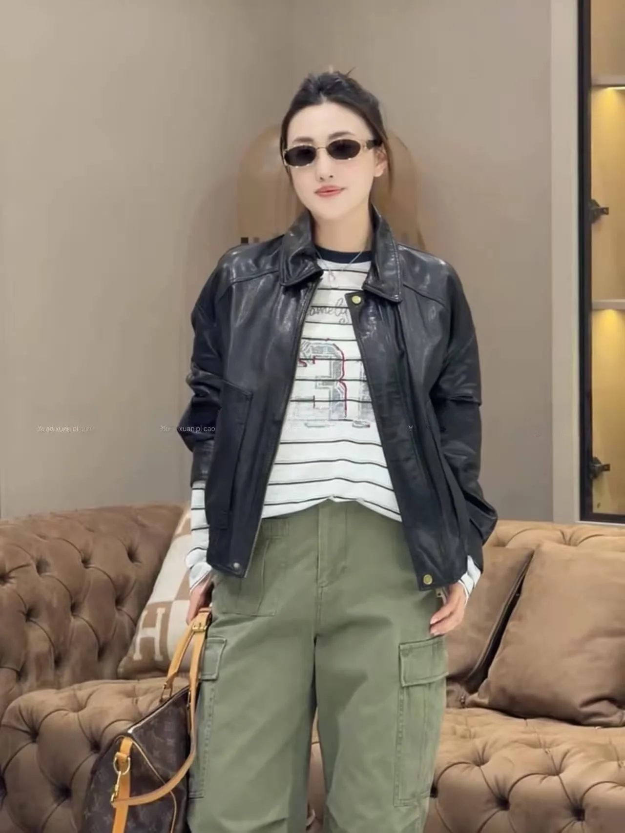 

Ning 2026 New Sle Women's Leather Jaet eepskin Genuine Leather Long Sve Zipper Closure Faionable Coat