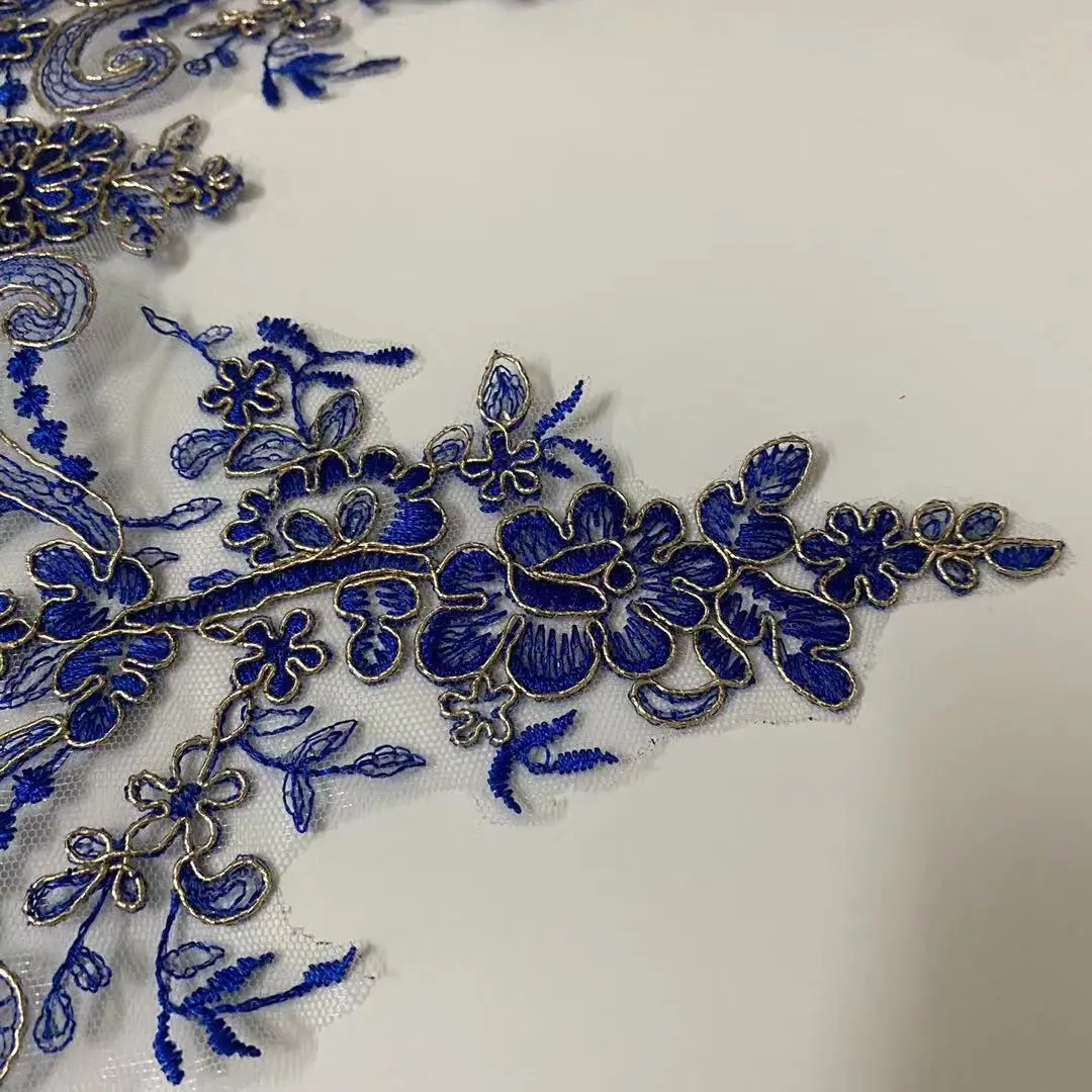 1Yard 23cm wide Blue Thread Gold Femur Embroidery Lace Dress Home Textile Cord Lace Dance Trims Clothes Children\'s Wear