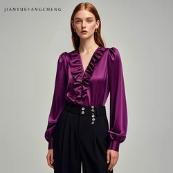 2024 Fall New Womens Purple Satin Top Long Sleeve V-Neck Ruffles Blouses Soft Smooth Loose-fitting Female Casual Retro Shirts