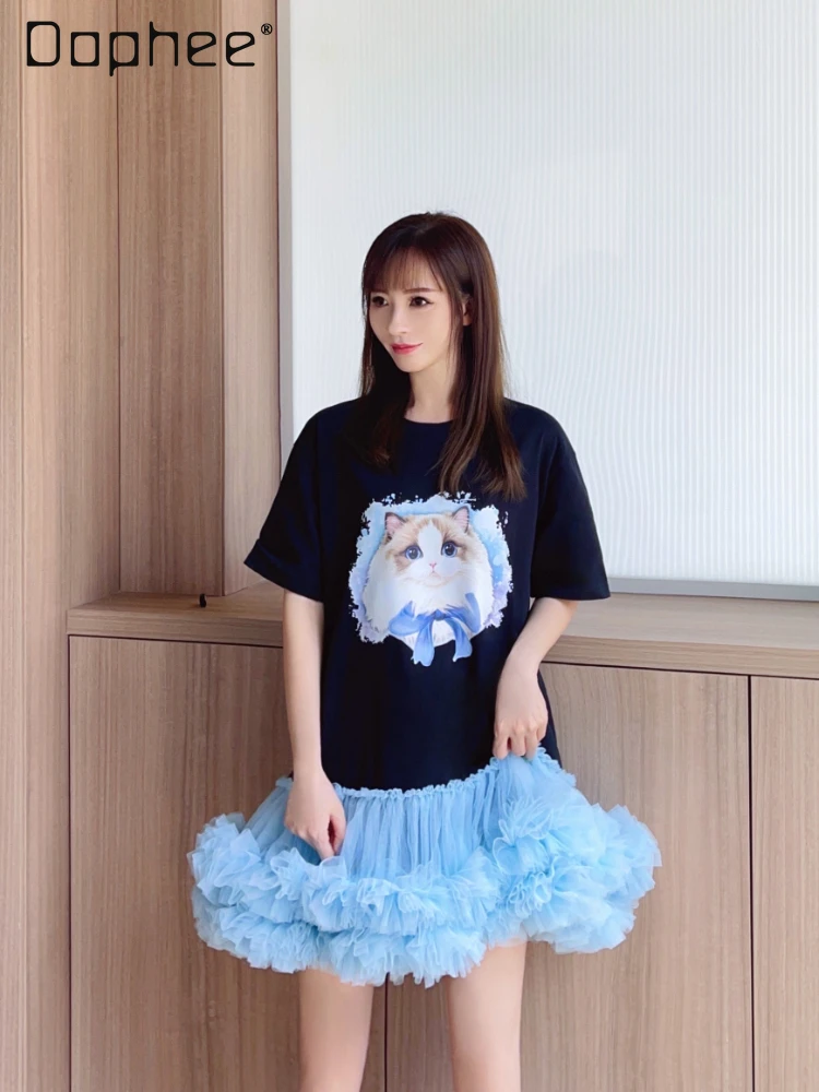 Cat Printing Loose Short-Sleeved T-shirt Dress Women Summer Heavy Industry Net Yarn Stitching Tulle Tutu Dress Cartoon Dresses