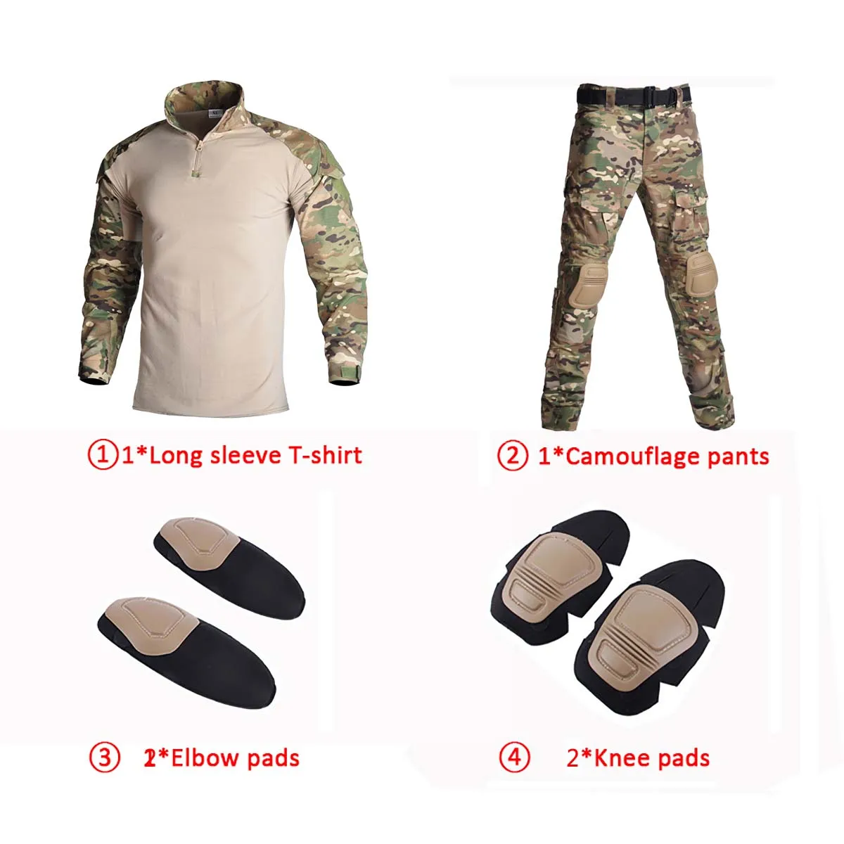 Militärisches taktisches Set für Herren, atmungsaktiv, langärmelig, T-Shirts + gerade Cargohose mit mehreren Taschen, 2-teiliger Anzug, Armee-Camouflage-Set – Detail 3