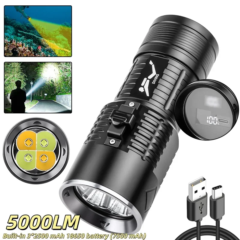 5000LM 7500mAh New 4-pack XHP50 diving high-intensity flashlight, white and yellow light, suitable for underwater and land use