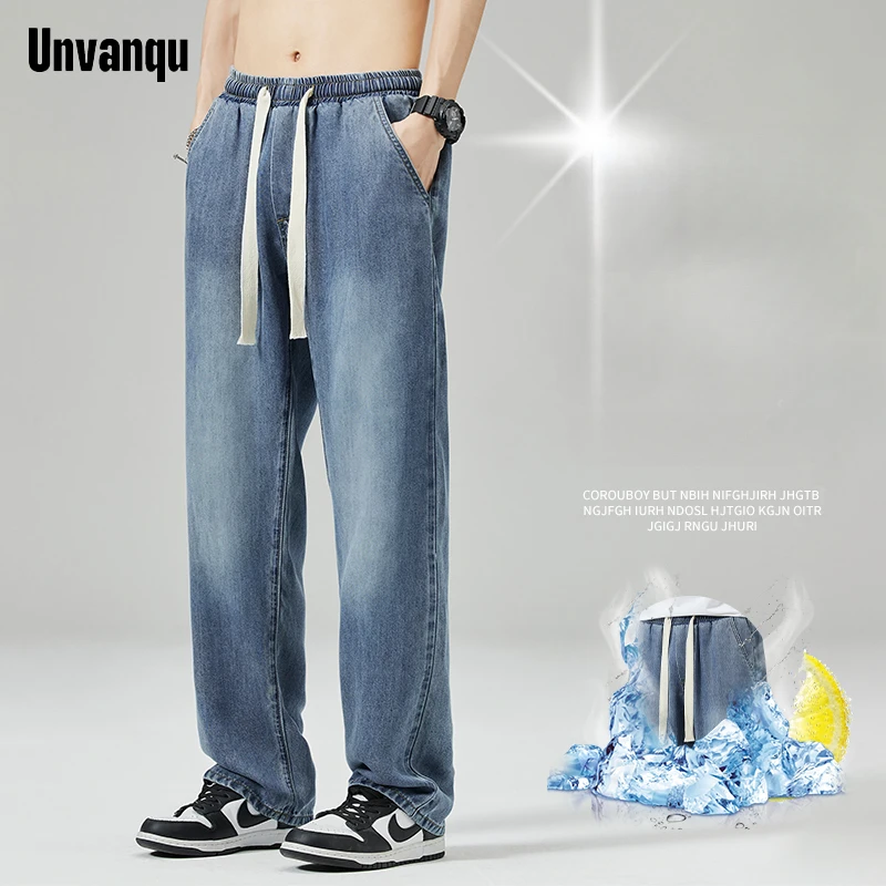 

Unvanqu Harajuku Street Simple Elastic Waist Wide Leg Lyocell Tencel Jeans Men's Loose Straight Summer Thin Fashion Casual Pants