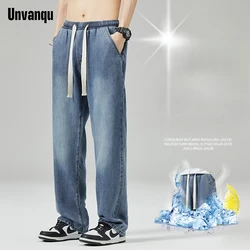 Unvanqu Harajuku Street Simple Elastic Waist Wide Leg Lyocell Tencel Jeans Men's Loose Straight Summer Thin Fashion Casual Pants