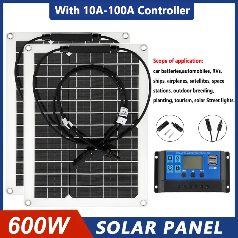 600 واط مجموعة اللوحة الشمسية المرنة كاملة 18 فولت الخلايا الشمسية أحادية البلورية 10A-100A تحكم قوة البنك ل RV سيارة التخييم في الهواء الطلق #1