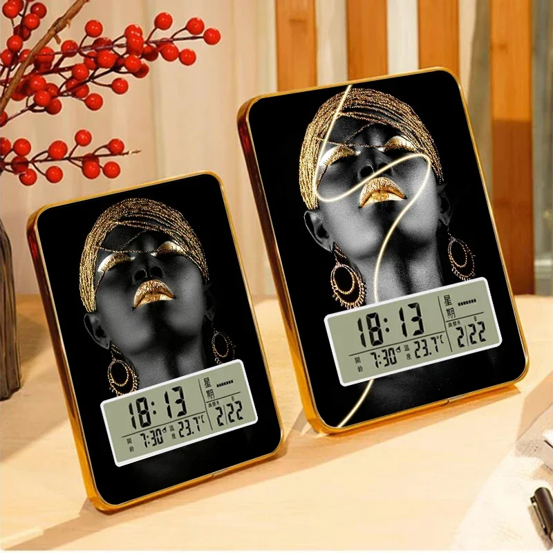 African Beauty Art Clock Desktop Clock Student Digital Alarm Clock Time Management Fashion Christmas Family Gift 22X28CM