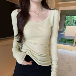 Women Solid Color Simplicity Fashion O-neck Long Sleeve T-shirt Casual Versatile Trend All-match Thin Slim Fit Tops