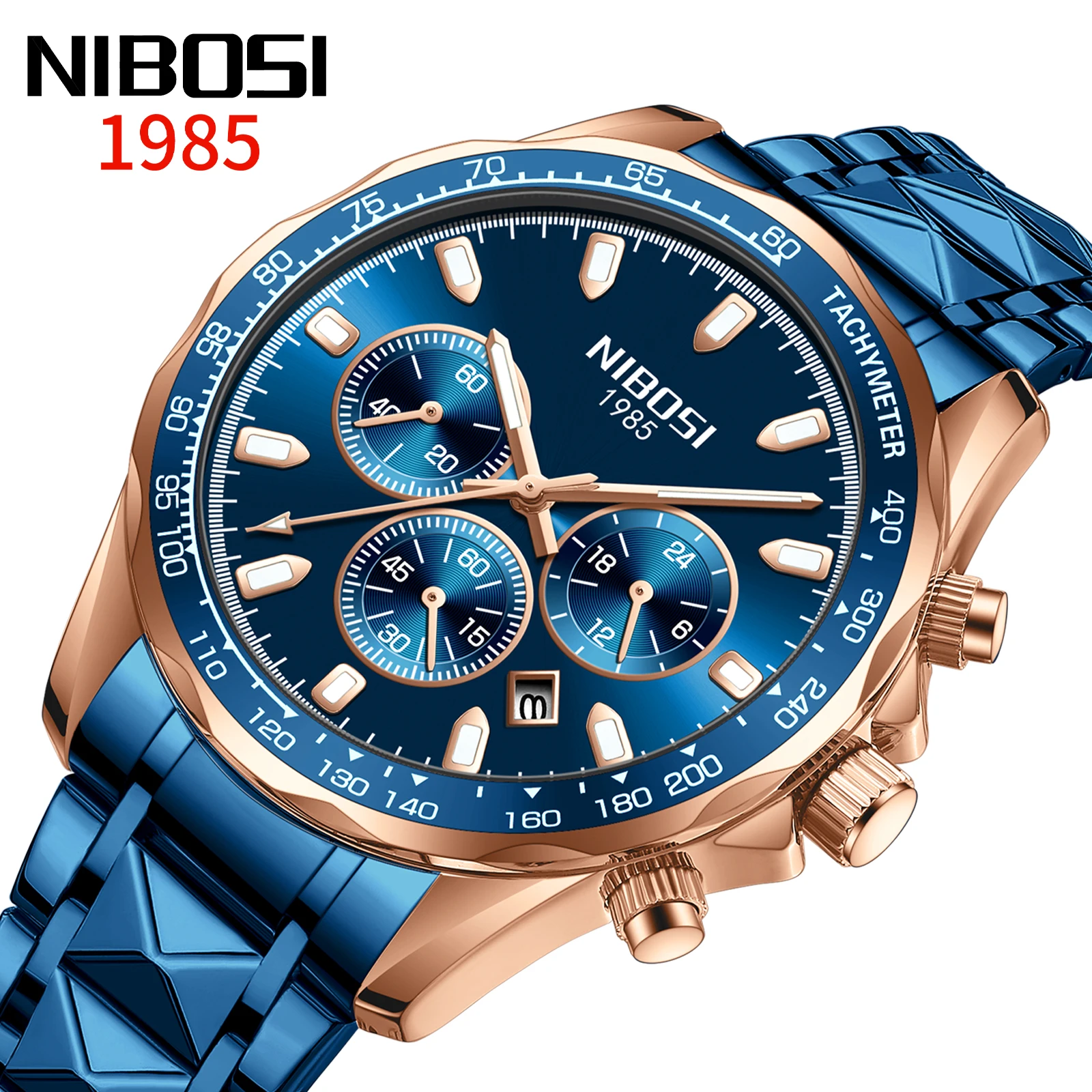 NIBOSI Rose Blue Luxury Men's Watches Stainless Steel Sports Waterproof Business Men's Quartz Watch Fashion Luminous Watch 2024