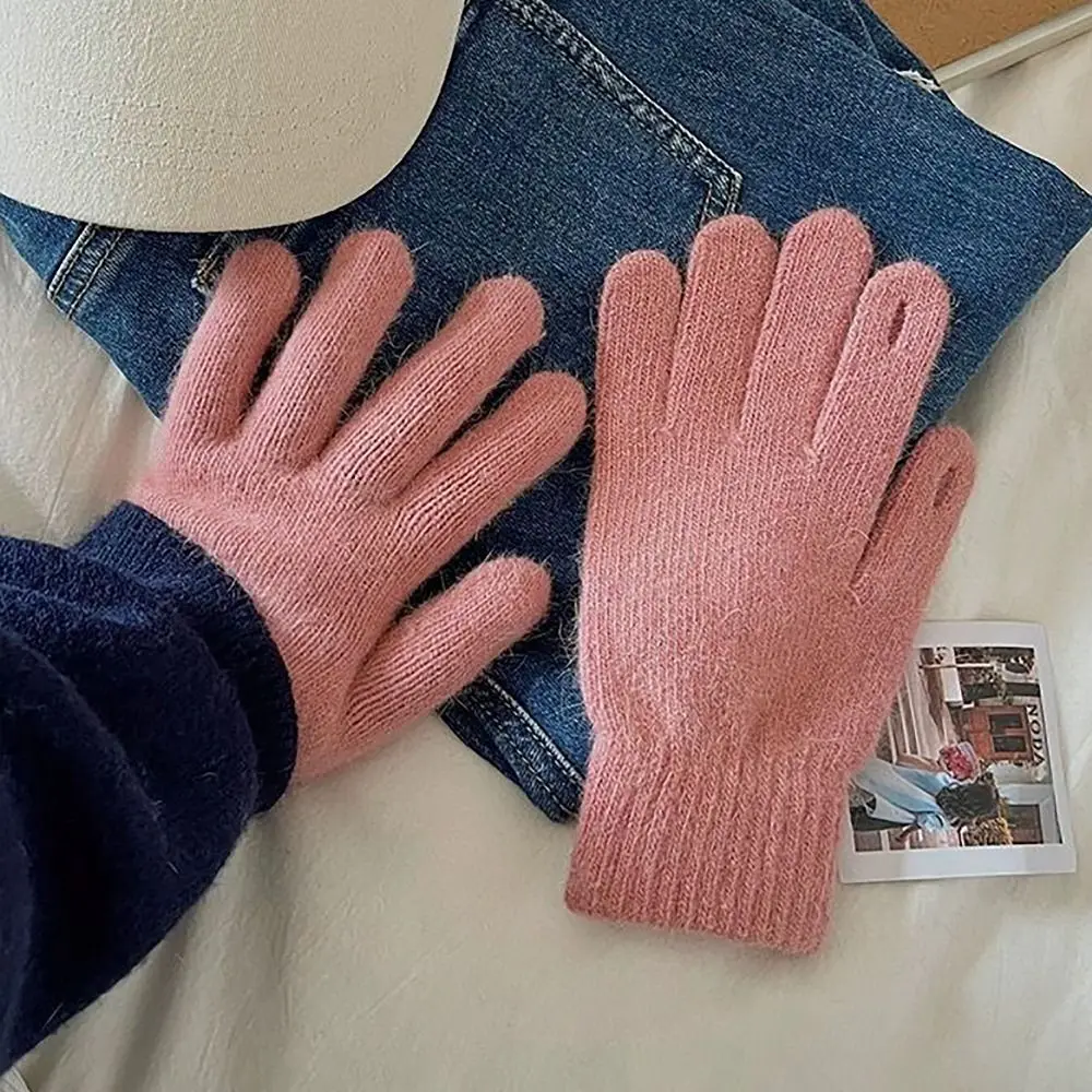 Soft Touch Screen Knitted Gloves Candy Colored INS Style Winter Velvet Gloves Winter Warm Finger Gloves For Woman Girls Maiden