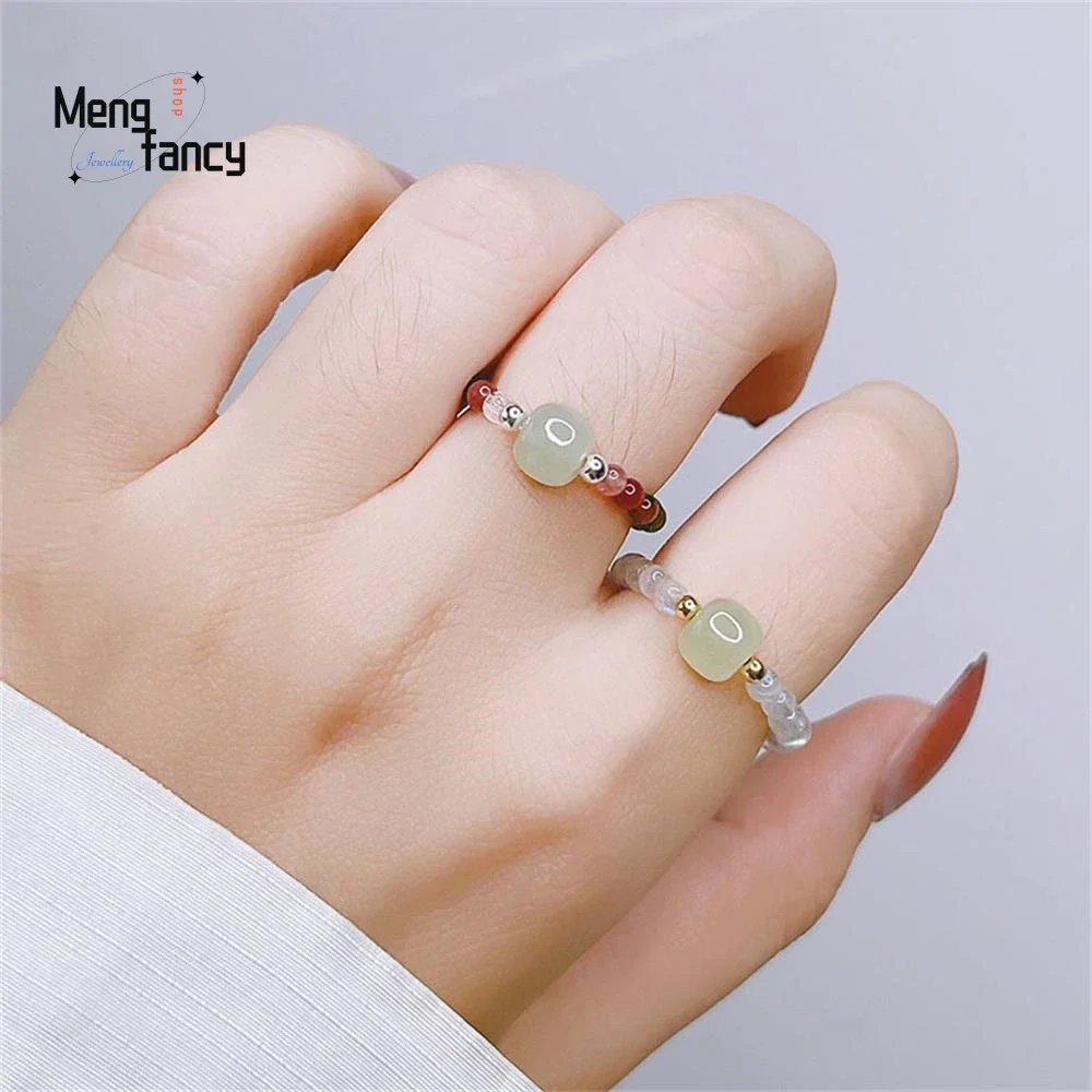 Natural Tourmaline Female Simple Single Section and Field Jade Gray Moonlight Beaded Finger Ring Retro Personalized Hand Jewelry