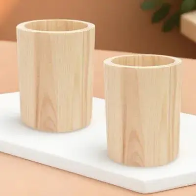 

2pcs Pine Wood Pen Holder Desktop Organizer Makeup Brush Pot Stationery Storage Home Office Decoration Beige Wood Craft Pencil
