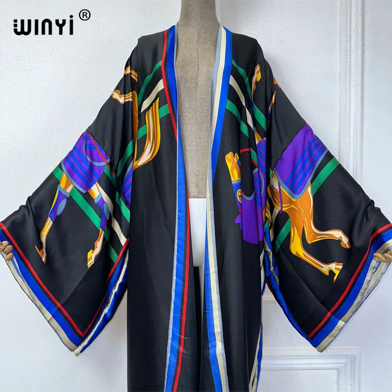 Imagem -04 - Winyi-cardigan de Seda Sexy para Mulheres Moda Praia Quimono Roupas de Praia Capas de Impressão Vestido de Férias Abaya Elegante Boho