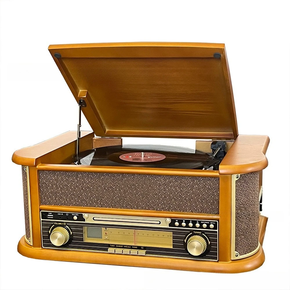 

Classic Gramophone Wooden Desktop Vinyl Record Player Vintage CD Bluetooth FM Radio Tape Player