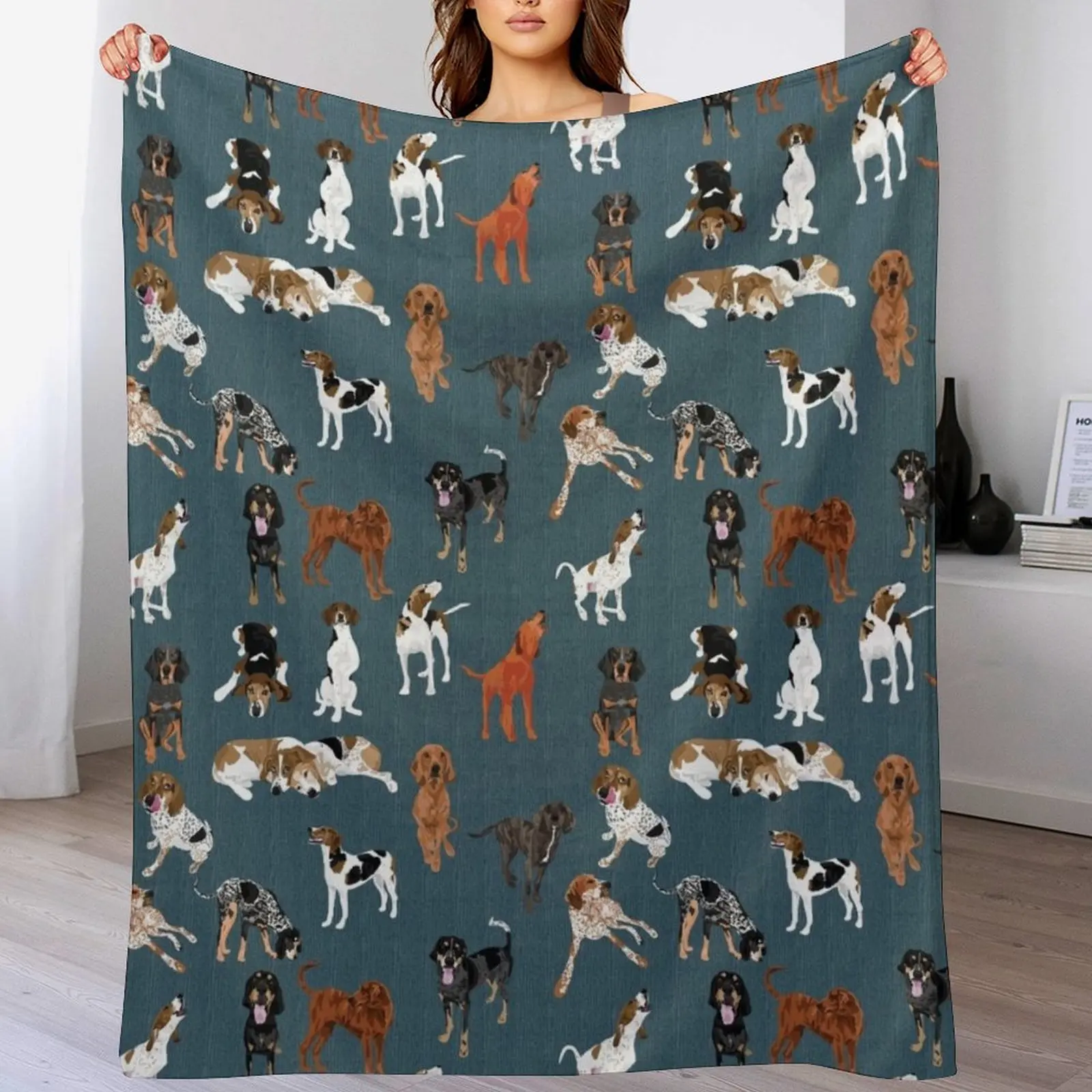 Coonhounds on Dark Teal Throw Blanket