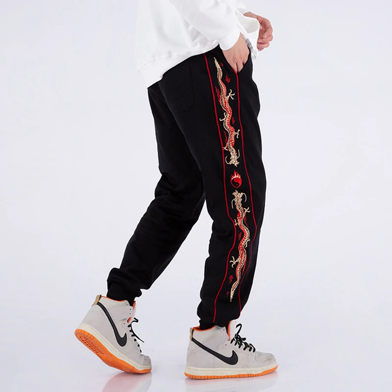 Lyprerazy Autumn Winter Dragon Embroidery Casual Sweatpants Men\'s Loose Straight Sports Chinese Style Cuffed Pants