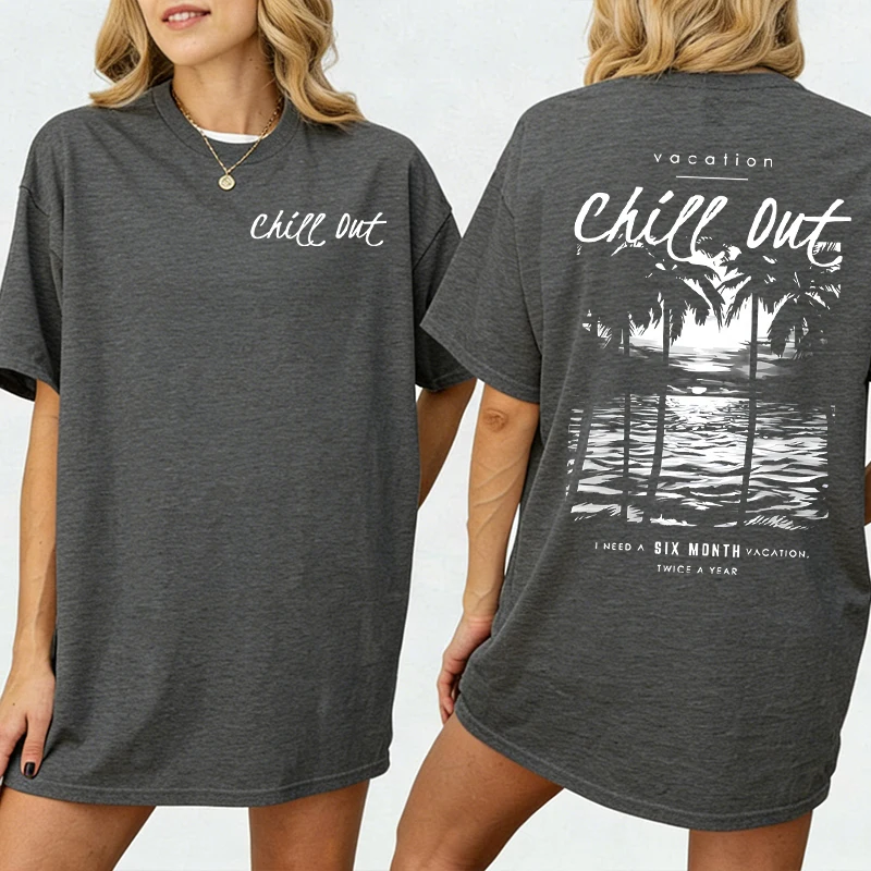 

Women's Tropical Beach Graphic Print T-Shirt "Chill Out" Vacation Design with Palm Trees Ocean Waves Casual Vintage Female Tops