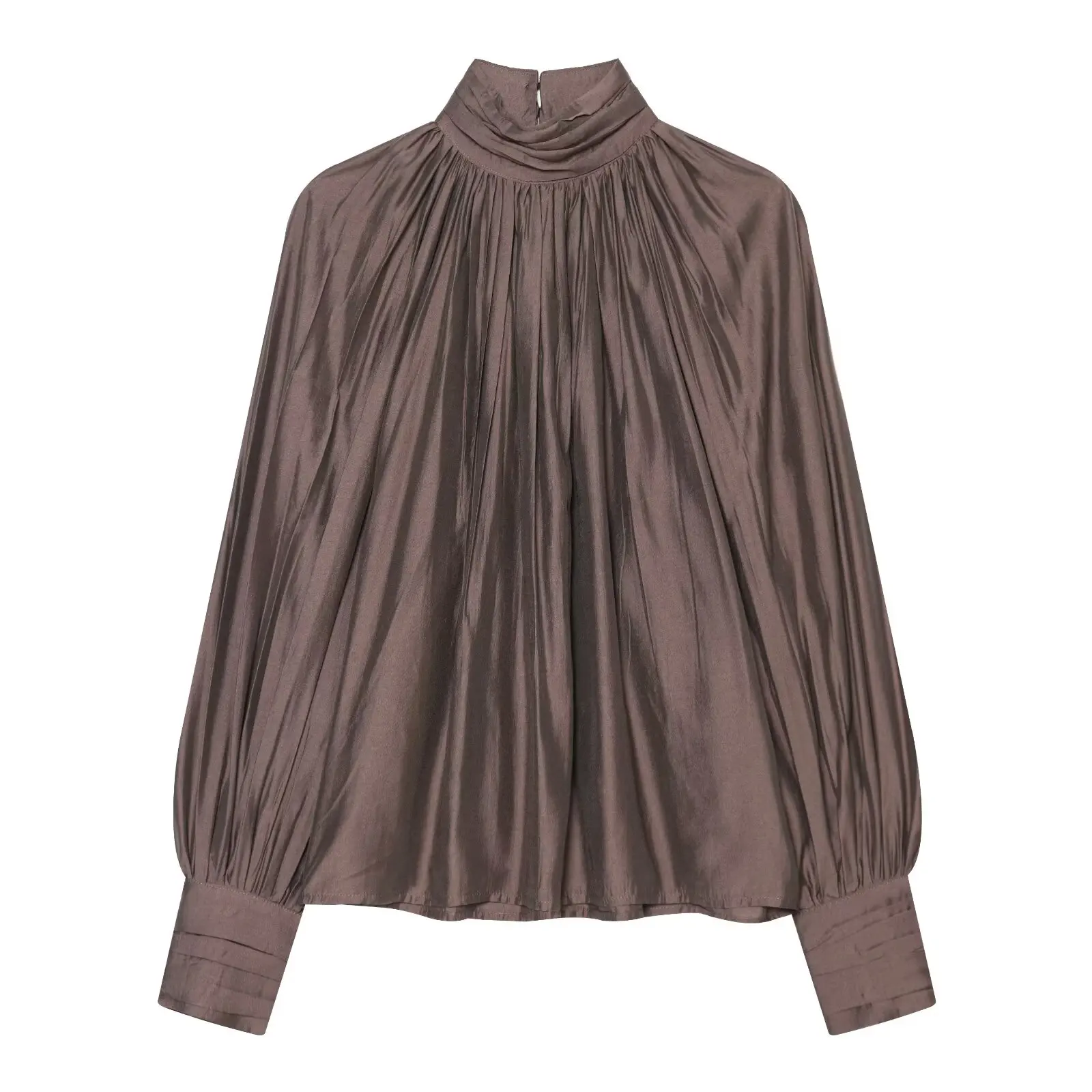 BSAY 2026 Französische Minimalistische Damen-Satinbluse mit Stehkragen, gerafftem Design, Laternenärmeln, lockerem Schnitt, glänzend, elegant, für Bürokleidung, Oberteil – Detail 9