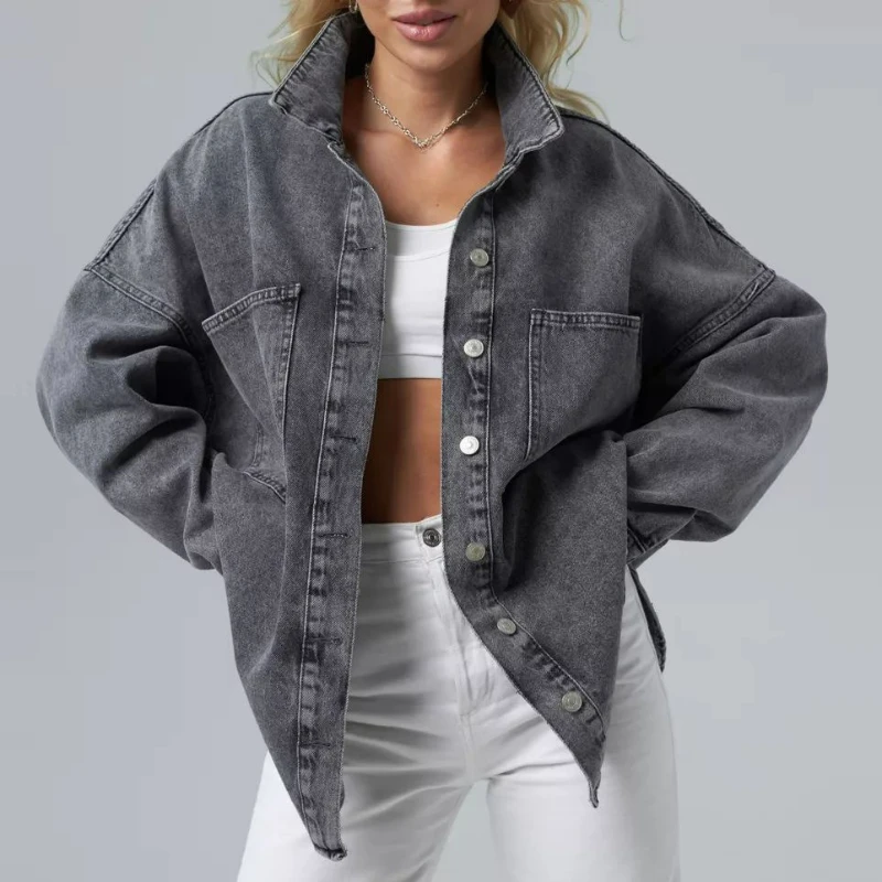 2026 ربيع الخريف جديد ريترو هونغ كونغ نمط تنوعا التلبيب عادية فضفاض الدنيم سترة قطنية علوية من القطن الخالص للنساء ملابس خارجية