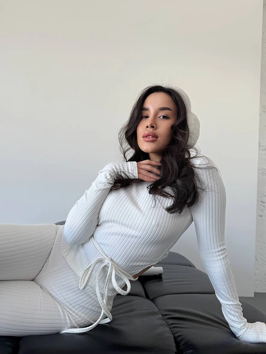 Marthaqiqi Knitted Ladies Nightgown Suit Long Sleeve Pajama Lace Up Nightie Backless Nightwear Pants Casual Female Sleepwear Set