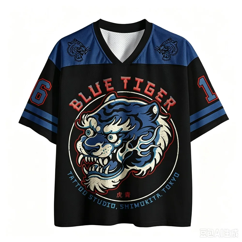 Japanischer Blauer Tiger-Print 3D-Druck Schnelltrocknendes Sport-T-Shirt für Männer und Frauen mit V-Ausschnitt, Modisches Streetwear Y2K Eltern-Kind-Kleidung – Detail 8