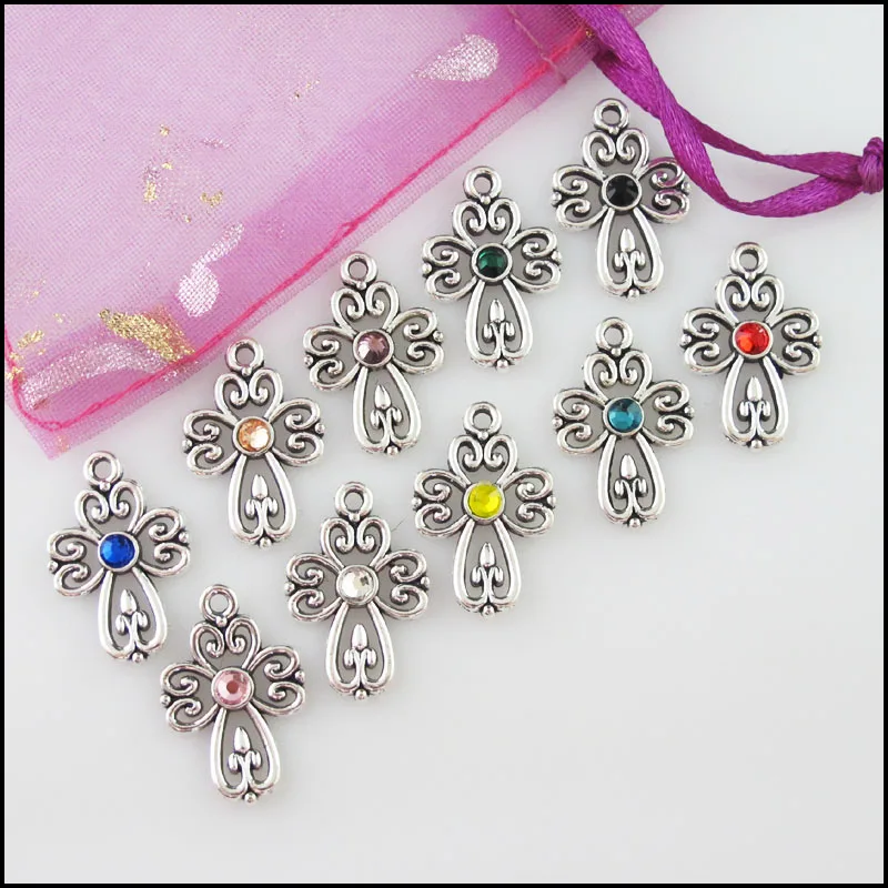 Fashion 20Pcs Mixed Crystal Tibetan Silver Plated Flower Cross Charms Pendants 14.5x21.5mm