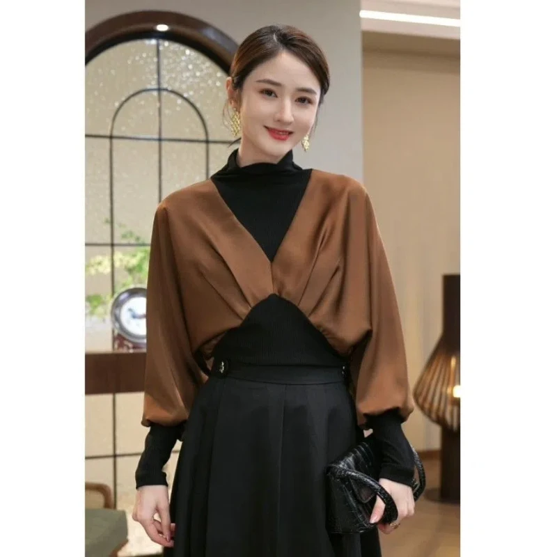 2024 Autumn and Winter Western Style Half Turtle Collar Fashion Versatile Slim Long Sleeve Fake Two-piece Bottoming Shirt