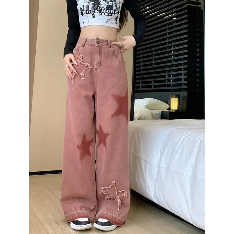 

American Vintage Contrast Color Pentagram Pattern Embroidered Jeans Women Autumn Fashion Casual High-waisted Floor-length Jeans