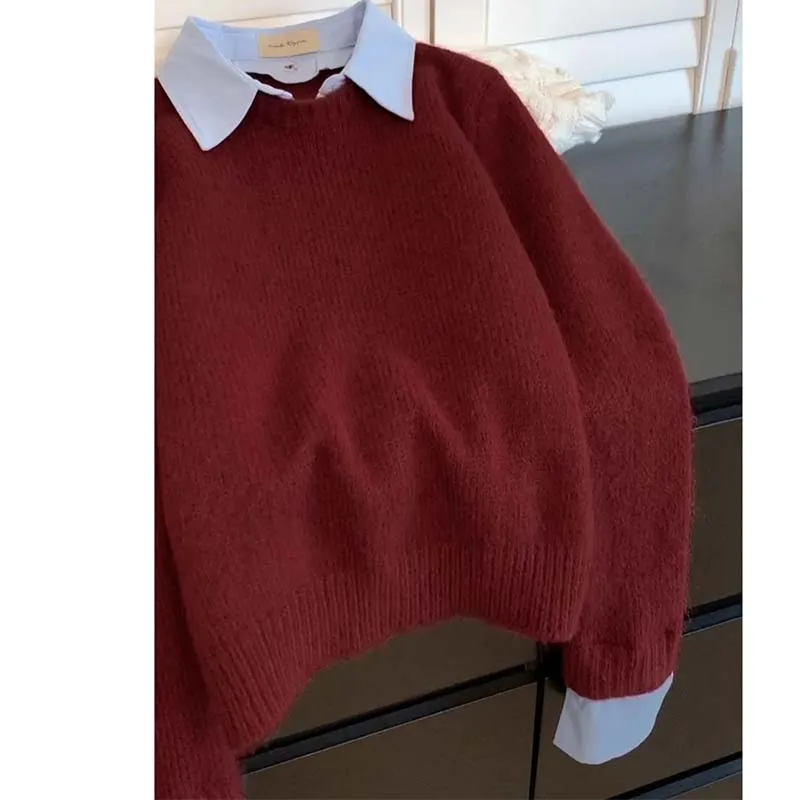 Fake Two shirts Collar Sweater Women's Autumn Outfit Lazy Linterior Contrasting Color Wine Red Knit Sweater Top With Flip Collar