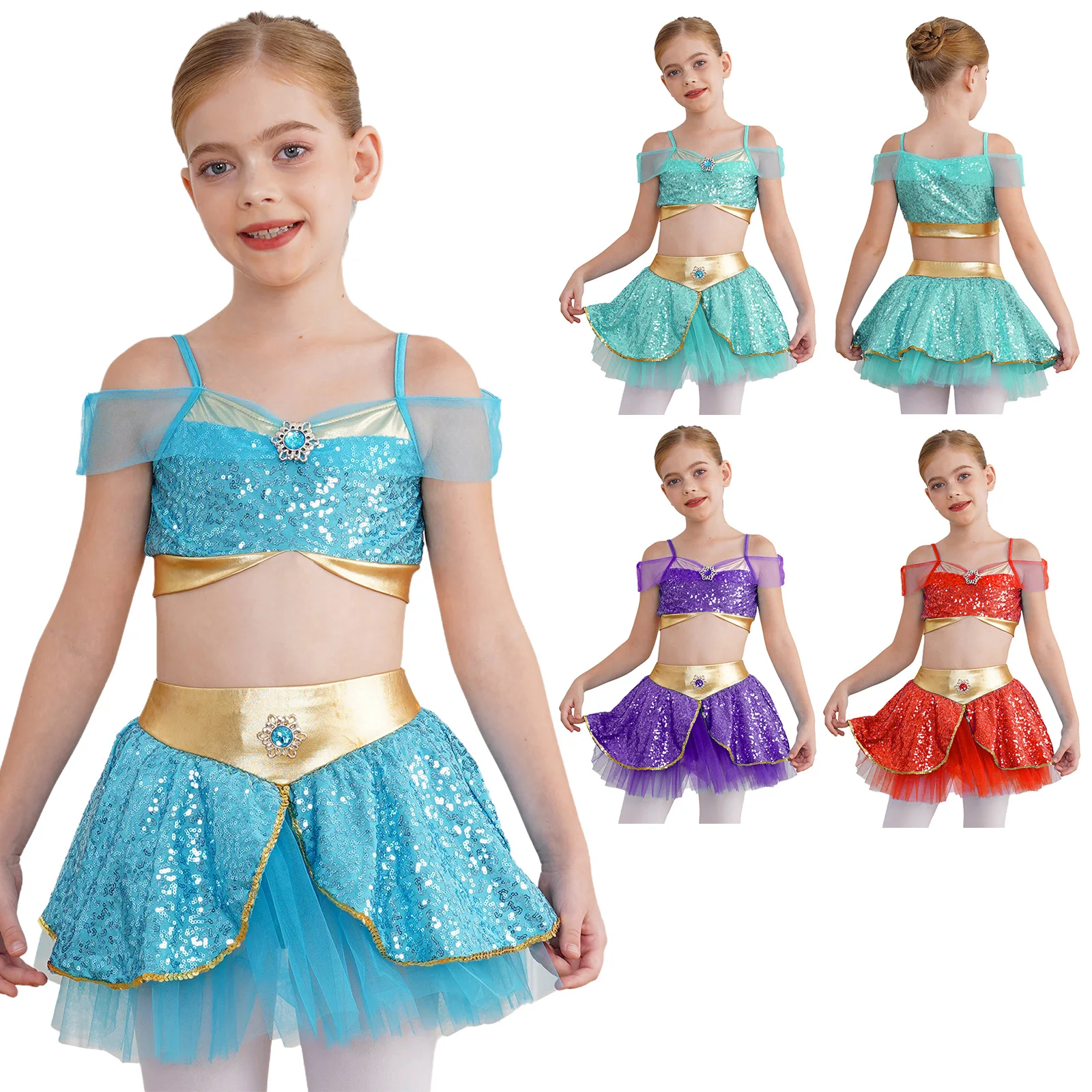 Kids Girls Arabian Costume Sleeveless Shimmering Sequins Gemstone Embellishment Set Arabic Dance Halloween Cosplay Costume 2Pcs