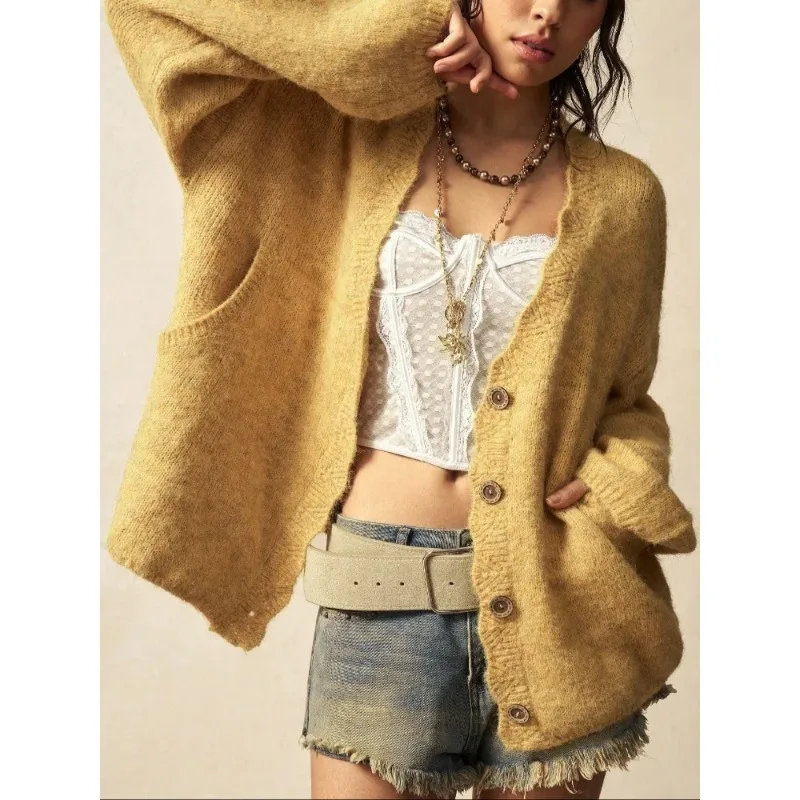 

Casual Solid Kintted Cardigans Women Fashion V-neck Full Sleeve Single Breasted Loose Short Sweater Lady Daily Commute Cardigan