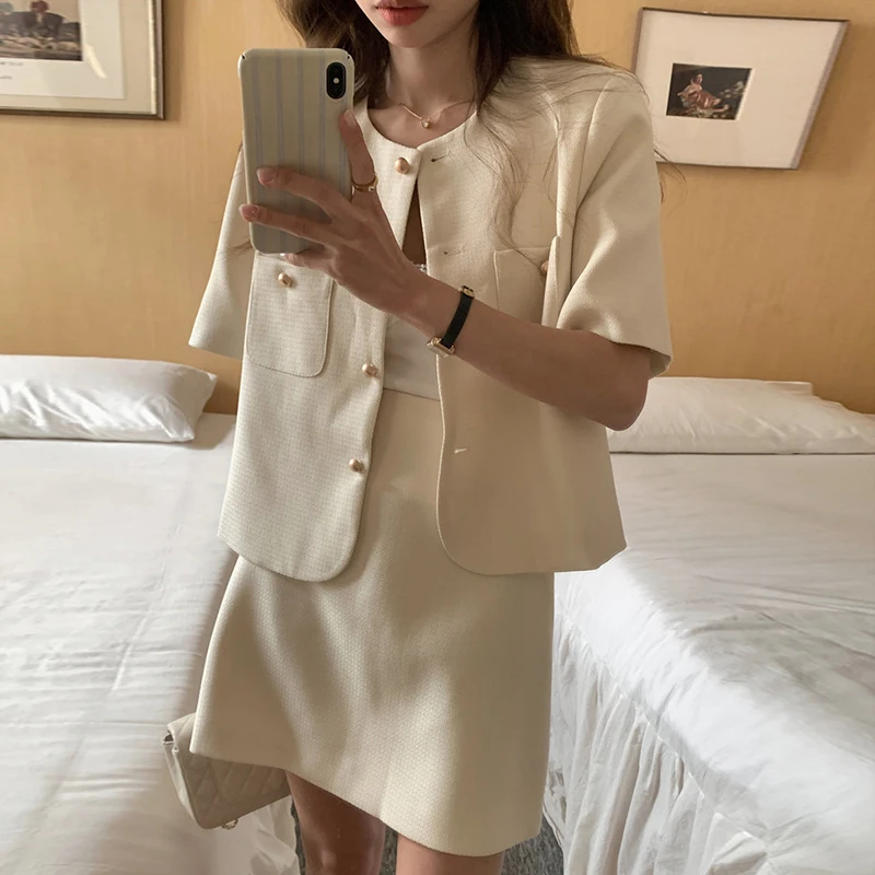 

Корейская шикарная летняя облегающая юбка трапециевидной формы и комплект пальто ort Sve с высокой талией и одной пуговицей, женский ансамбль Faion, хлопковая одежда...