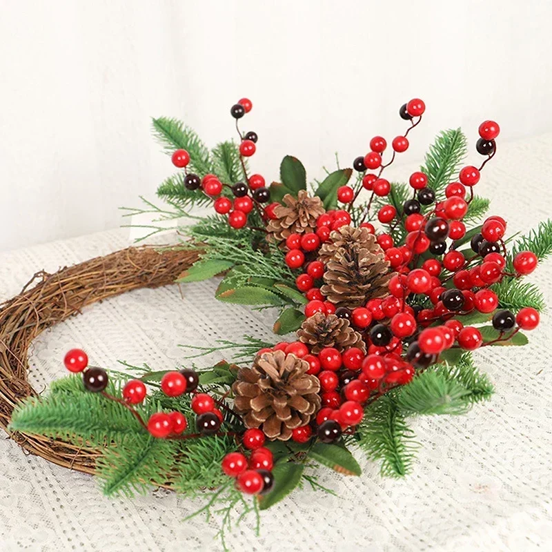 Christmas Rattan Wreath Pine Natural Branches Berries&Pine Cones  Christmas Wreath Supplies Home Door Decoration For New Year's