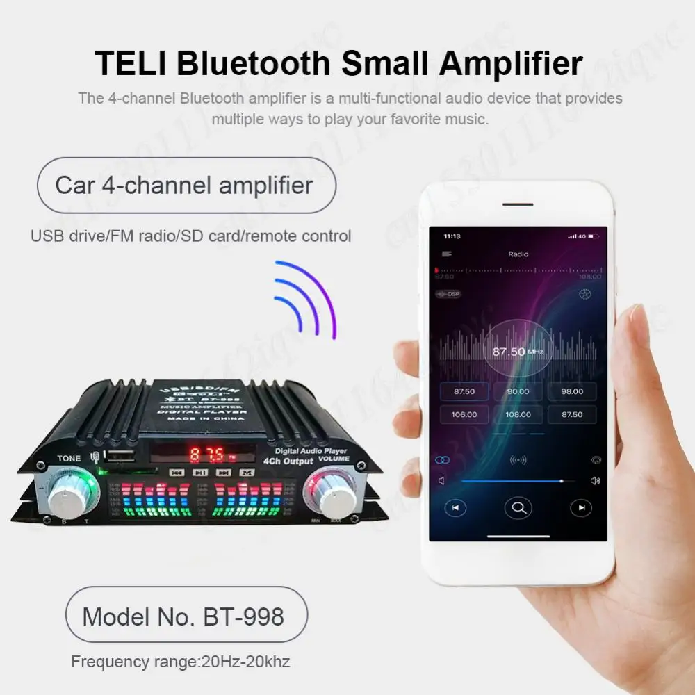 1600W Peak Power Mini HIFI Digital Stereo Amp Digital 4 Channel Audio Amplifier FM Radio USB Bluetooth-Compatible Karaoke Player