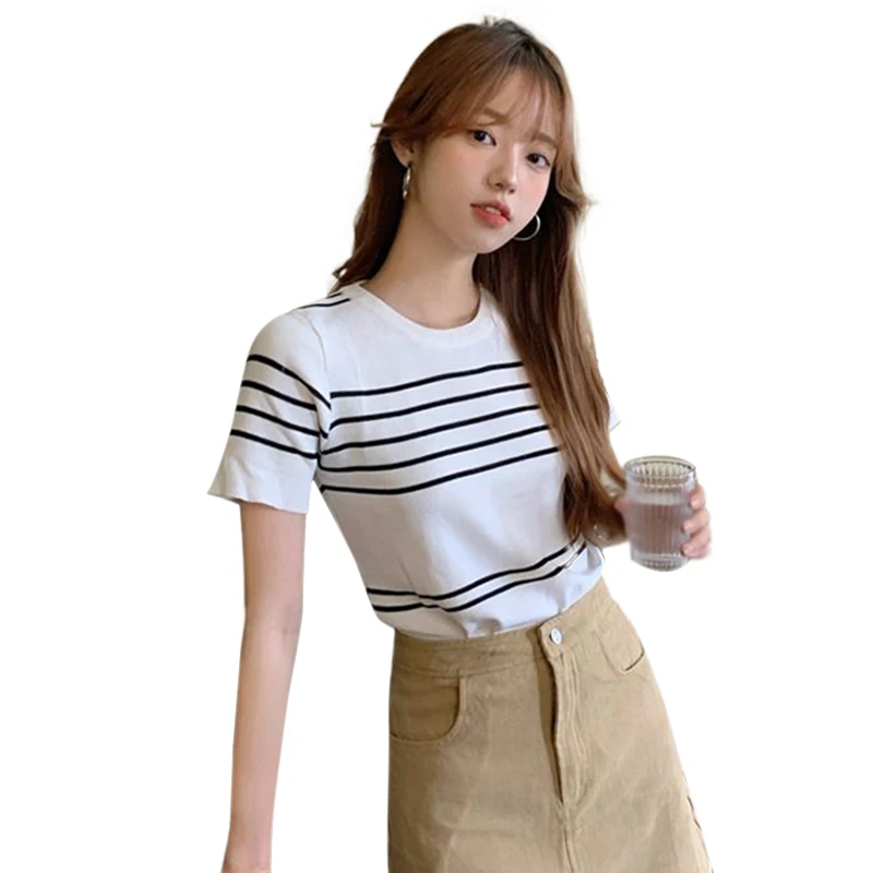 Women's Summer Simple Crew Neck Knitted T-shirt Girly Stripe Contrast Color Casual Temperament Versatile Crop Top Short Sleeve