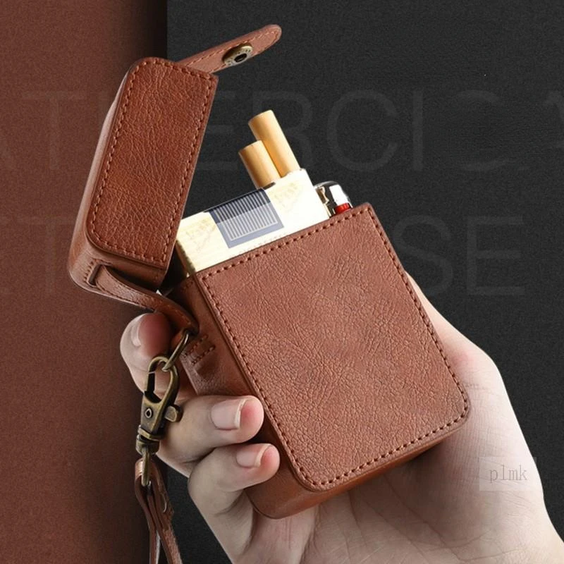 

Genuine Leather Cigarette Case Cover Luxury PU Leather Cigarettes Box Holder Big Capacity Lighter Sleeve Gadgets for Women Men