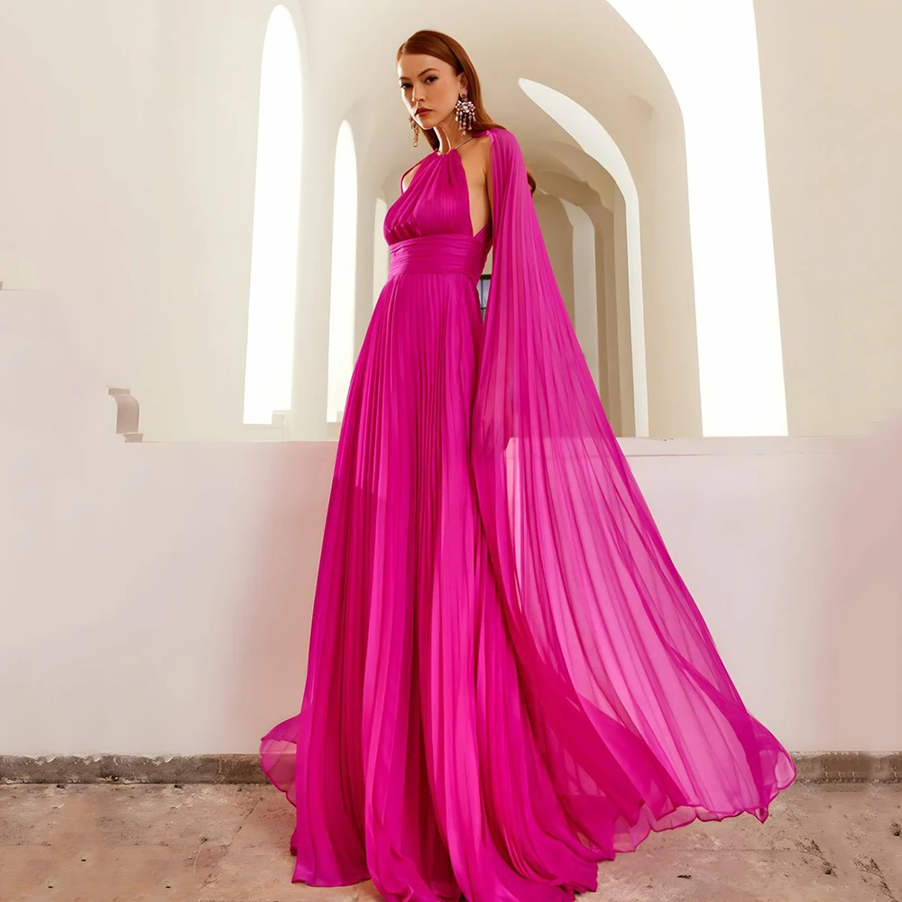 

Msikoods Elegant Party Dresses Woman Halter Neck Sleeves Evening Dress Shawl Sleeves Special Occasions 2024 Ruched Prom Gowns