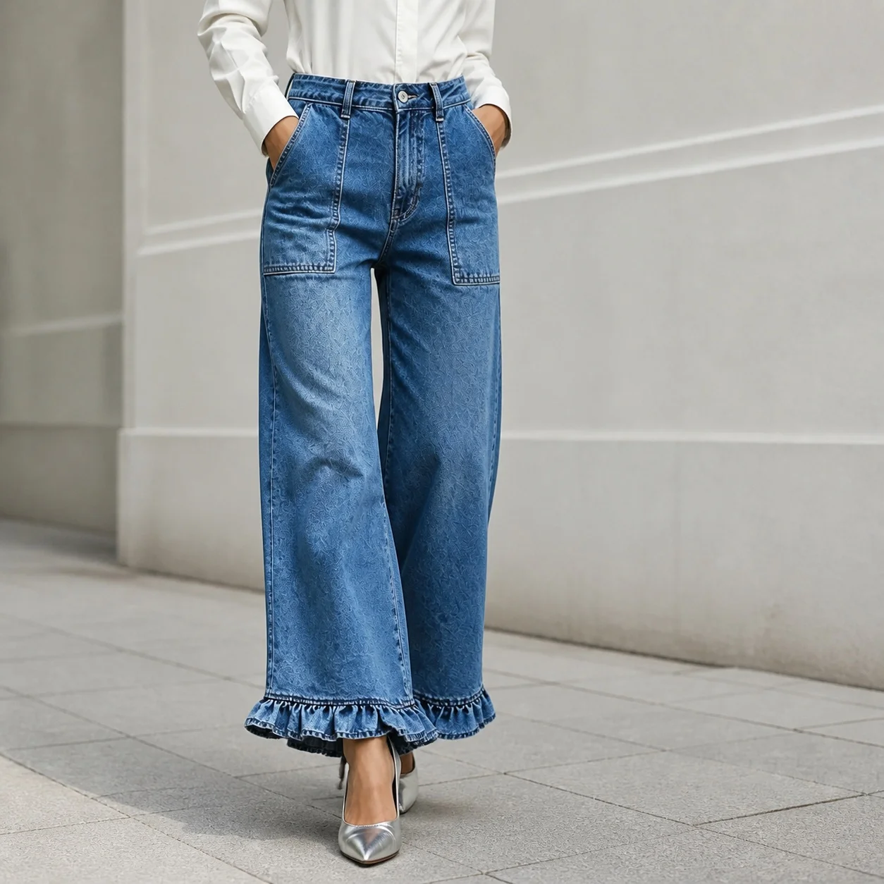 Women's Baggy High Waist Loose Fit Wide Leg Straight Leg Washed Cotton Long Vintage Ruffle Trim Denim Jeans with Front Pocket
