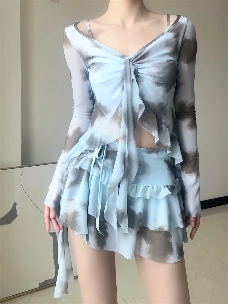 

Sexy Gathered Long Sve Swimsuit Women's Bikini Set Steel Support Four Piece Suit Tagkita Brand Swimsuit for Swimming Fitn