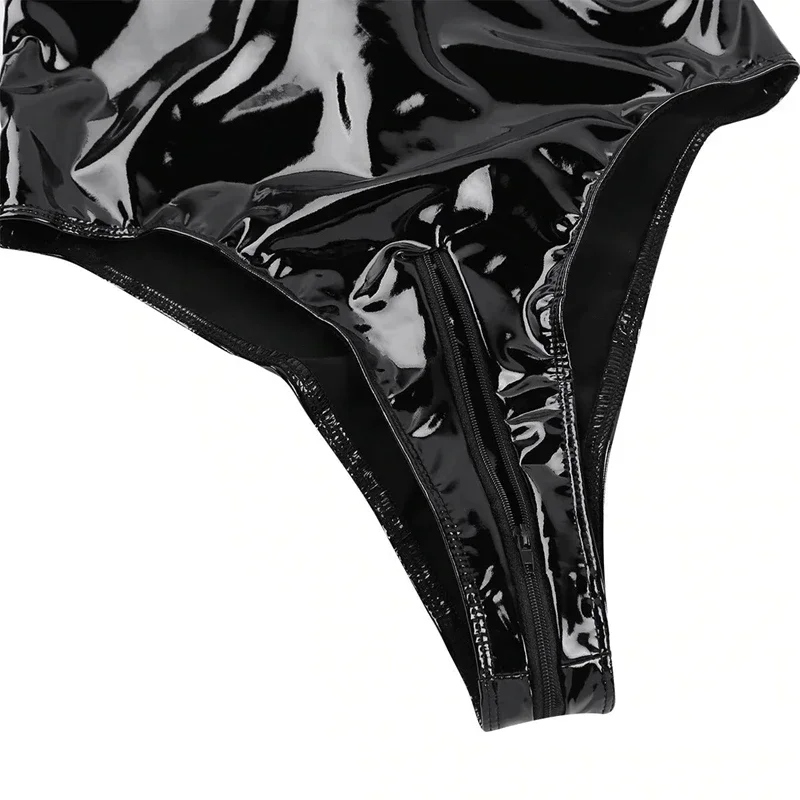 Sexy Wet Look Shiny Patent Leather Bodysuits Women Exotic Crotch Open Zip Faux Latex Bodyuist Backless Nightclub Costume Custom