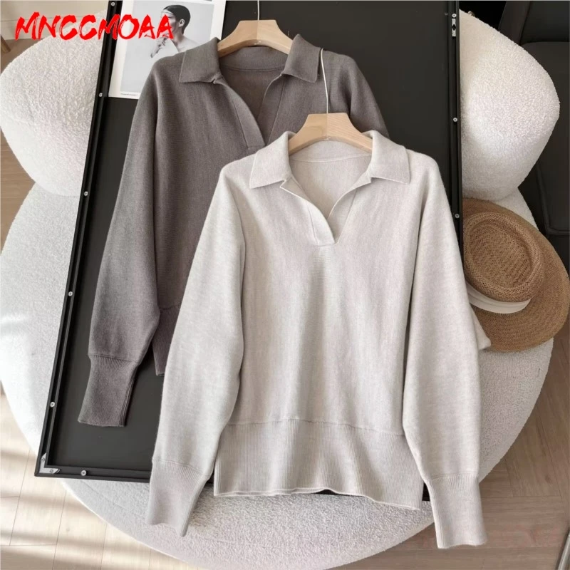 2024 New Autumn Winter Knitted Sweater Woman Fashion Loose POLO Collar Solid Color Female Casual Long Sleeve Knit Pullovers Tops