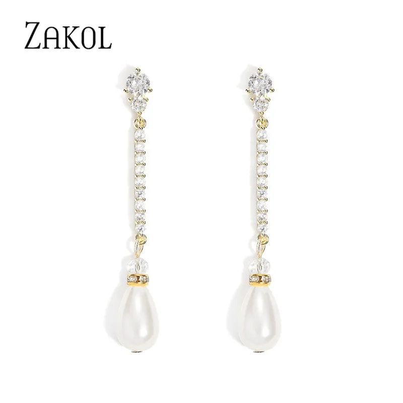 ZAKOL Elegant White Imitation Pearls Drop Earrings for Women Delicate Shiny CZ Zircon Long Earring Bridal Wedding Jewelry