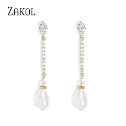 ZAKOL Elegant White Imitation Pearls Drop Earrings for Women Delicate Shiny CZ Zircon Long Earring Bridal Wedding Jewelry