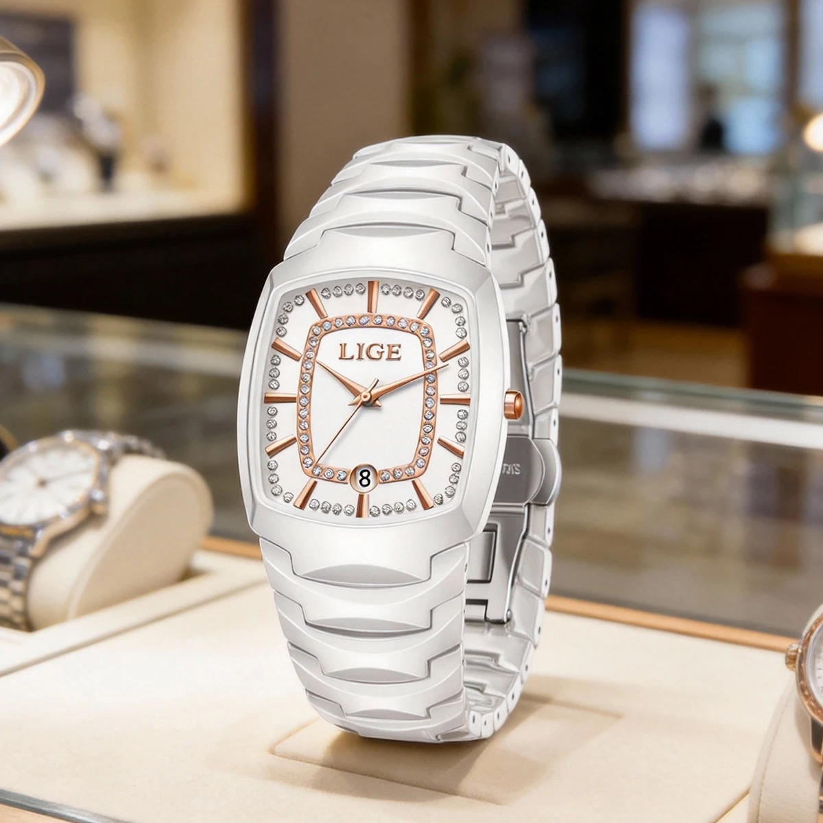 

LIGE Роскошные женские модные кварцевые часы, простые качественные позолоченные женские часы, деловые часы из нержавеющей стали с раскладным механизмом, reloj