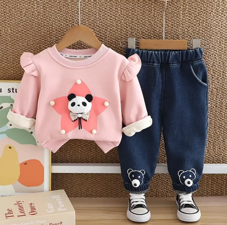 Christmas Sets for Girls Baby Clothes 9 To 18 Months Winter Velvet Cartoon Panda Sweatshirt And Pants Boutique Toddler Outfits