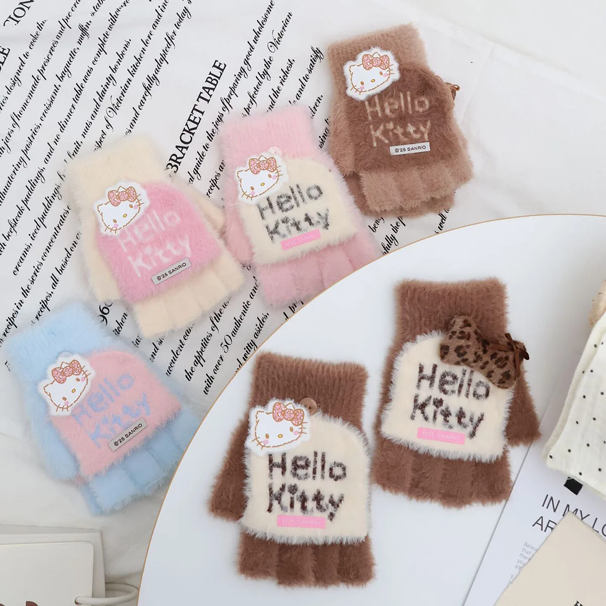 Sanrio Cartoon Hello Kitty Winter Plush Warm Leopard Print Split-finger Glove Cute Knitted Thick Half Finger Flip Cover Gloves