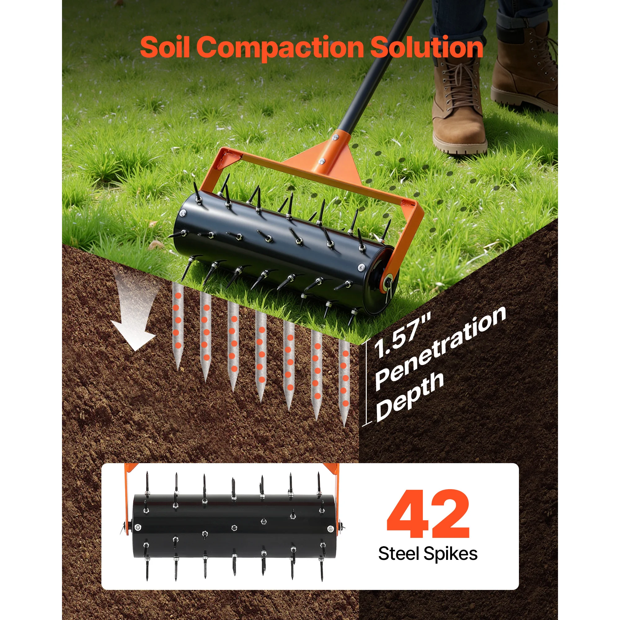 Rolling Lawn Aerator, 15 in Manual Push Aerator Roller with 42 Spikes & 60 in Long Handle, Fillable Drum for Added Weight, Heavy-Duty Lawn Soil Penetrator for Garden Yard Compacted Soils