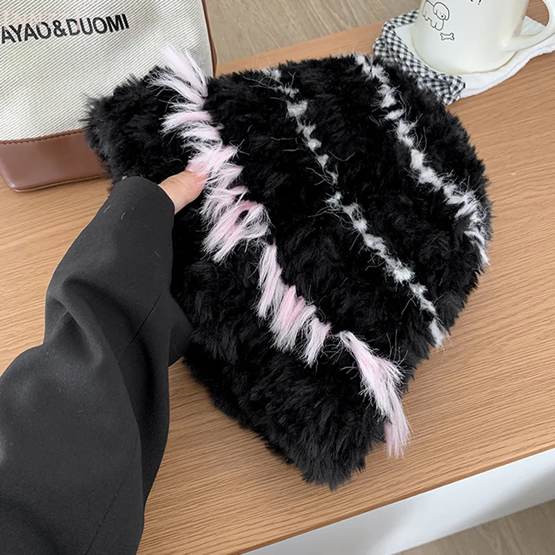 Women Plush Knitted Hat Simple Soft Beanie Hat Thickening Cap Outdoor Warm Cold-Proof Bonnet Skull Beanie Hat