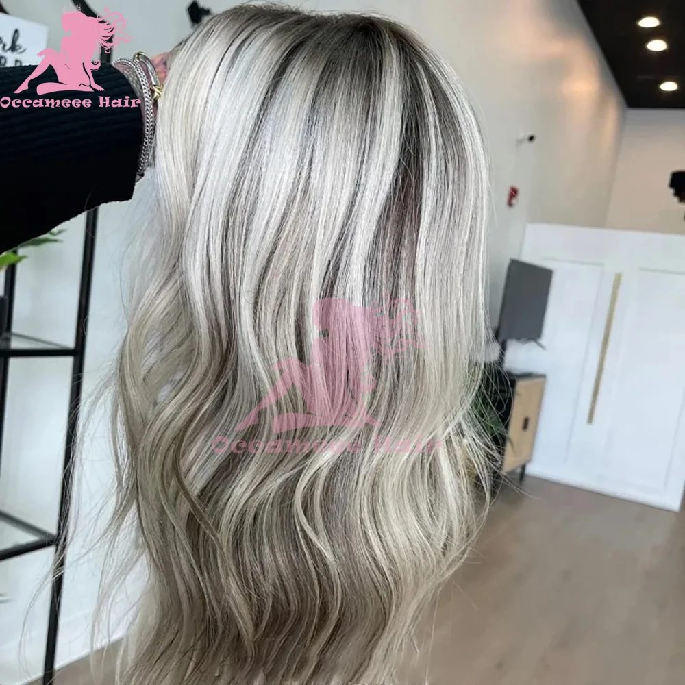 Peruca de cabelo humano com destaques, Raízes escuras, Ombre Ash Grey, Lace Frontal Transparente, 100% cabelo humano, 13x4 Lace Front Perucas com cabelo de bebê