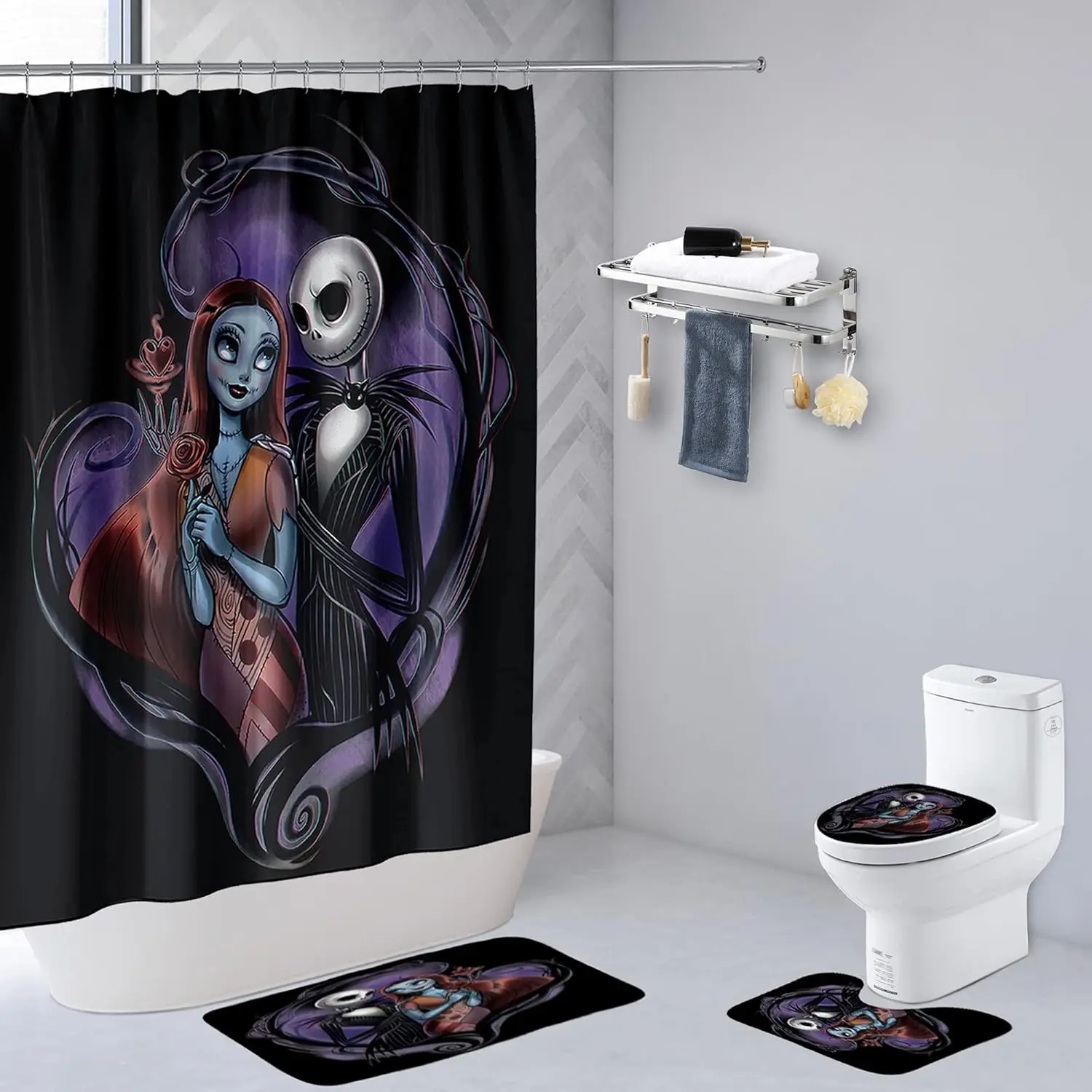 

4Pcs Christmas Shower Curtain Sets Kids Bathroom Halloween Decor with 12 Curtain Hooks for Bathroom, Waterproof 71 x 71