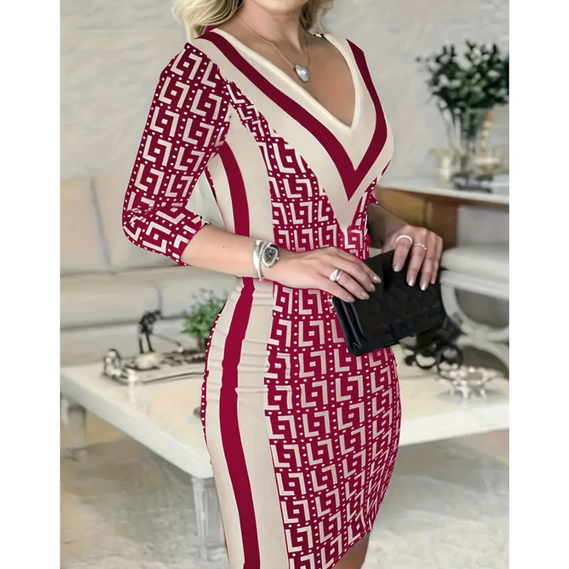 Print Skinny Dress For Women 2024 Spring Patchwor Sexy V-Neck Package hip Bodycon Party Mini Dresses Casual Long Sleeve Vestidos
